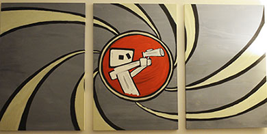 triptych painting of a robot in an aperature holding a blaster james bond style